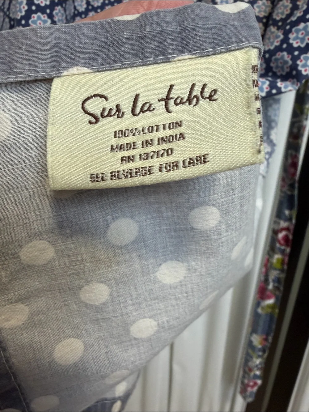 Sur La Table Navy and White Polka Dot Apron with Floral Trim